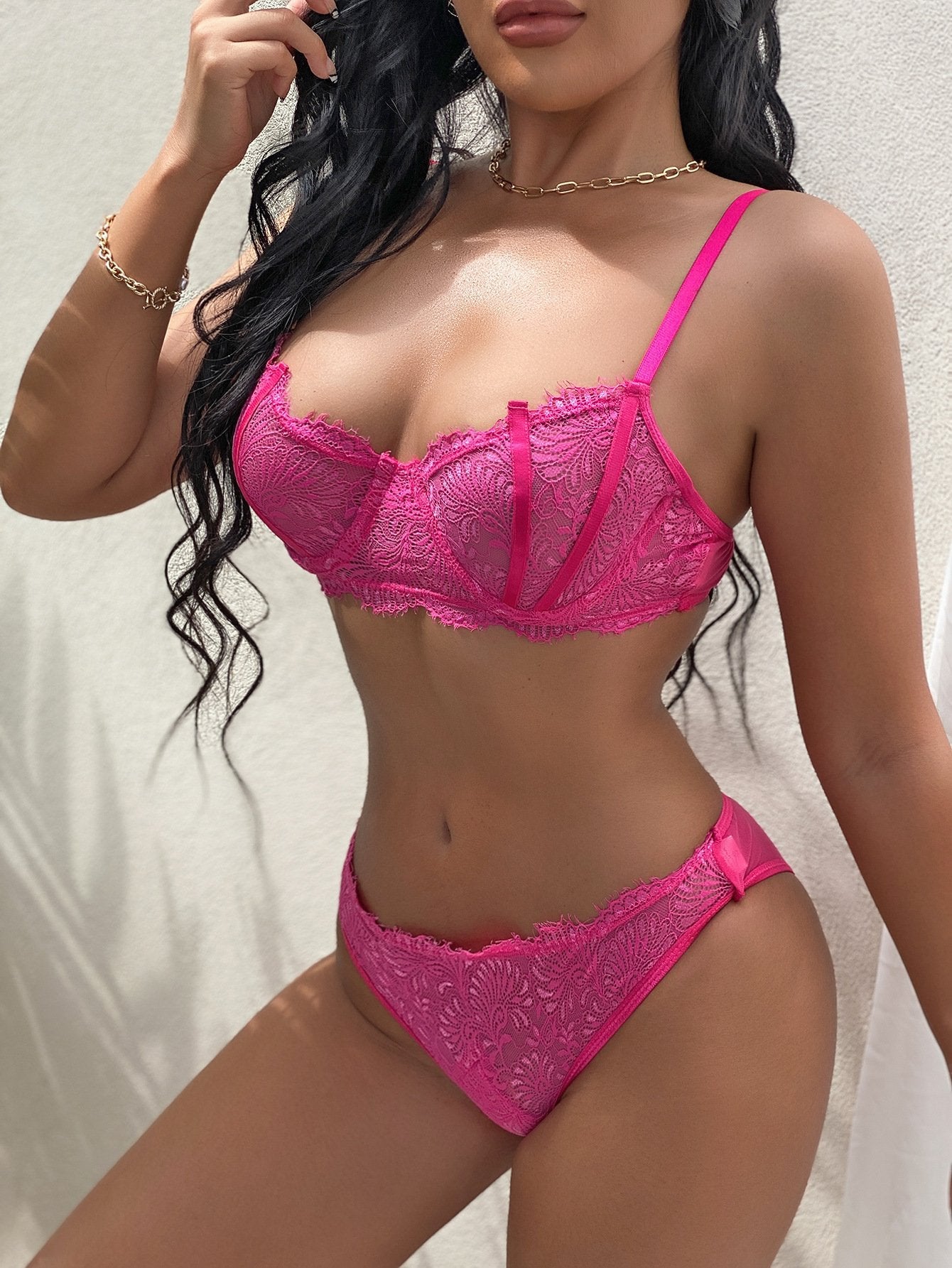 Underwire Lace Bra and Panty Set - Rose - Dressfeel