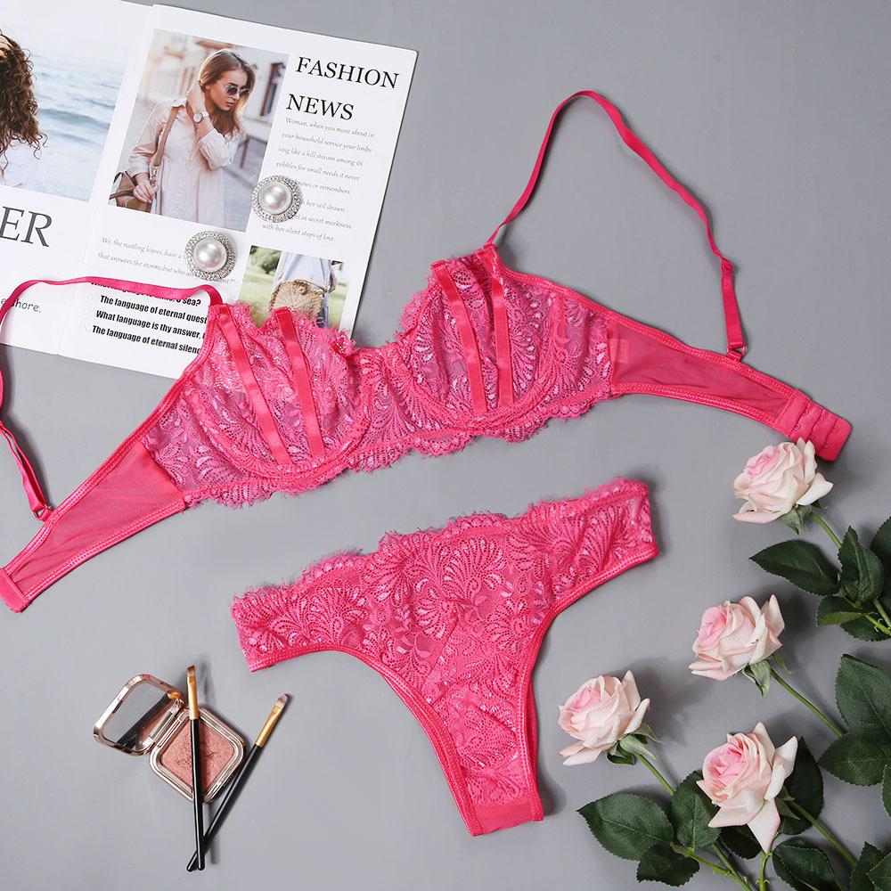 Underwire Lace Bra and Panty Set - Rose - Dressfeel