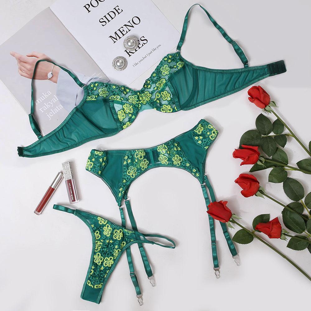 Contrast Embroidered Garter Lingerie - Green - Dressfeel